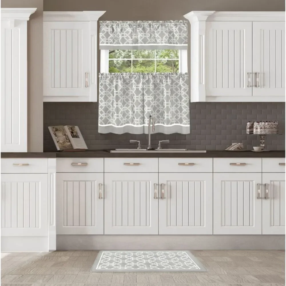 3 Pieces Two Tone Design Tier Panels and Valance Set for Windows, 58x24 inch Rod